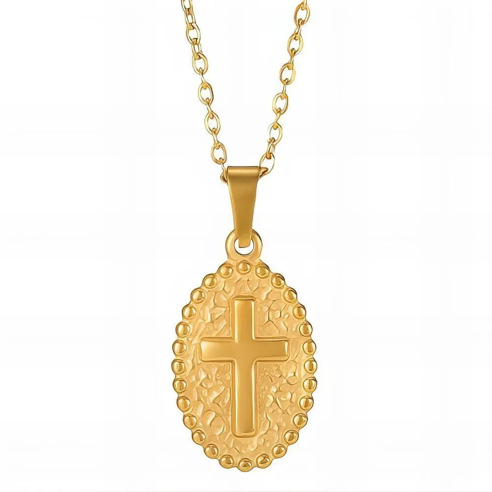 18K Gold Plated Round Cross Faith Religious Necklace Hypoallergenic Waterproof